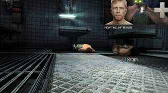 A screenshot from the game Wolfenstein: The New Order, showing the player choosing to save Fergus over Wyatt.