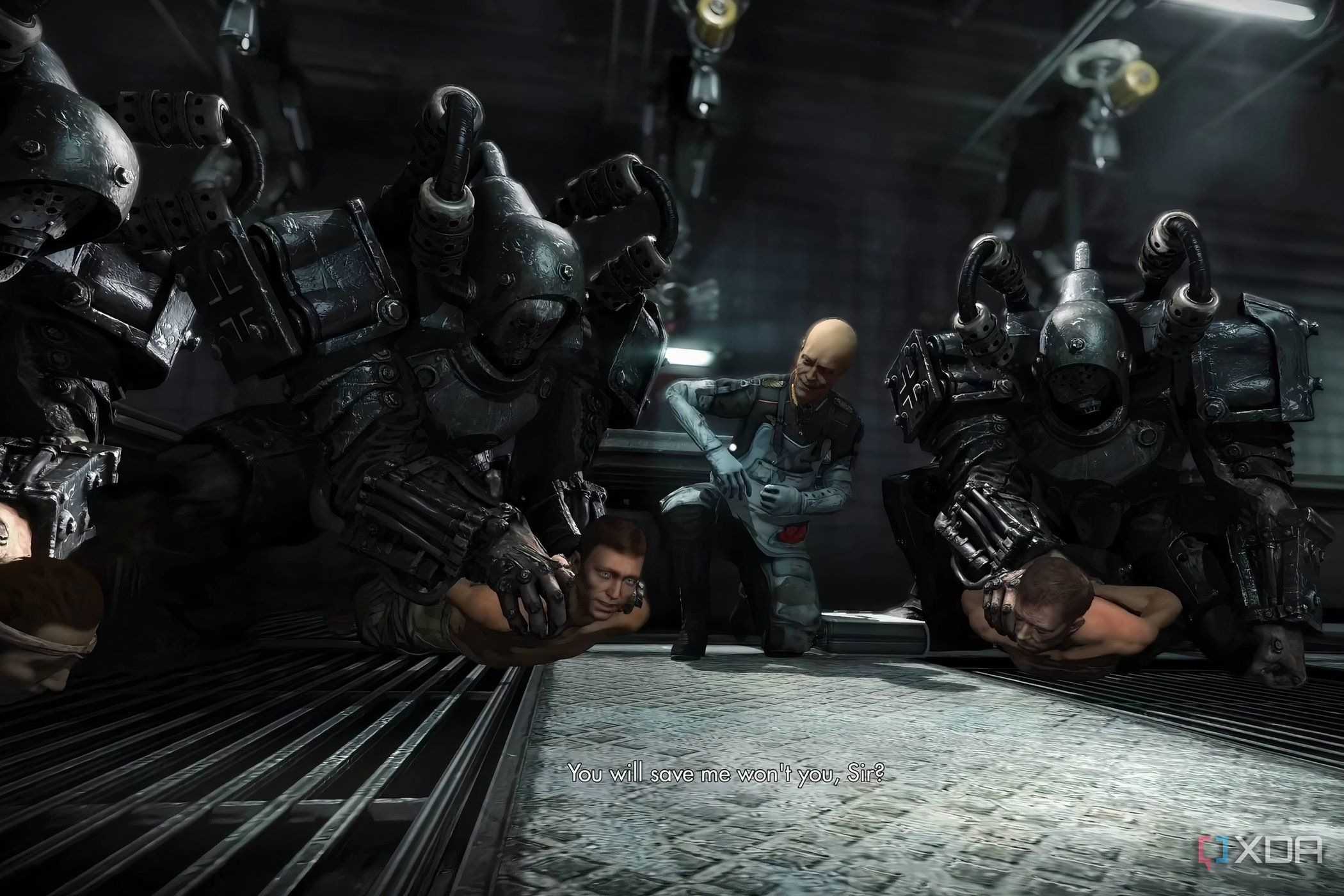 A screenshot from the game Wolfenstein: The New Order, showing the choice players are faced with early in the game.