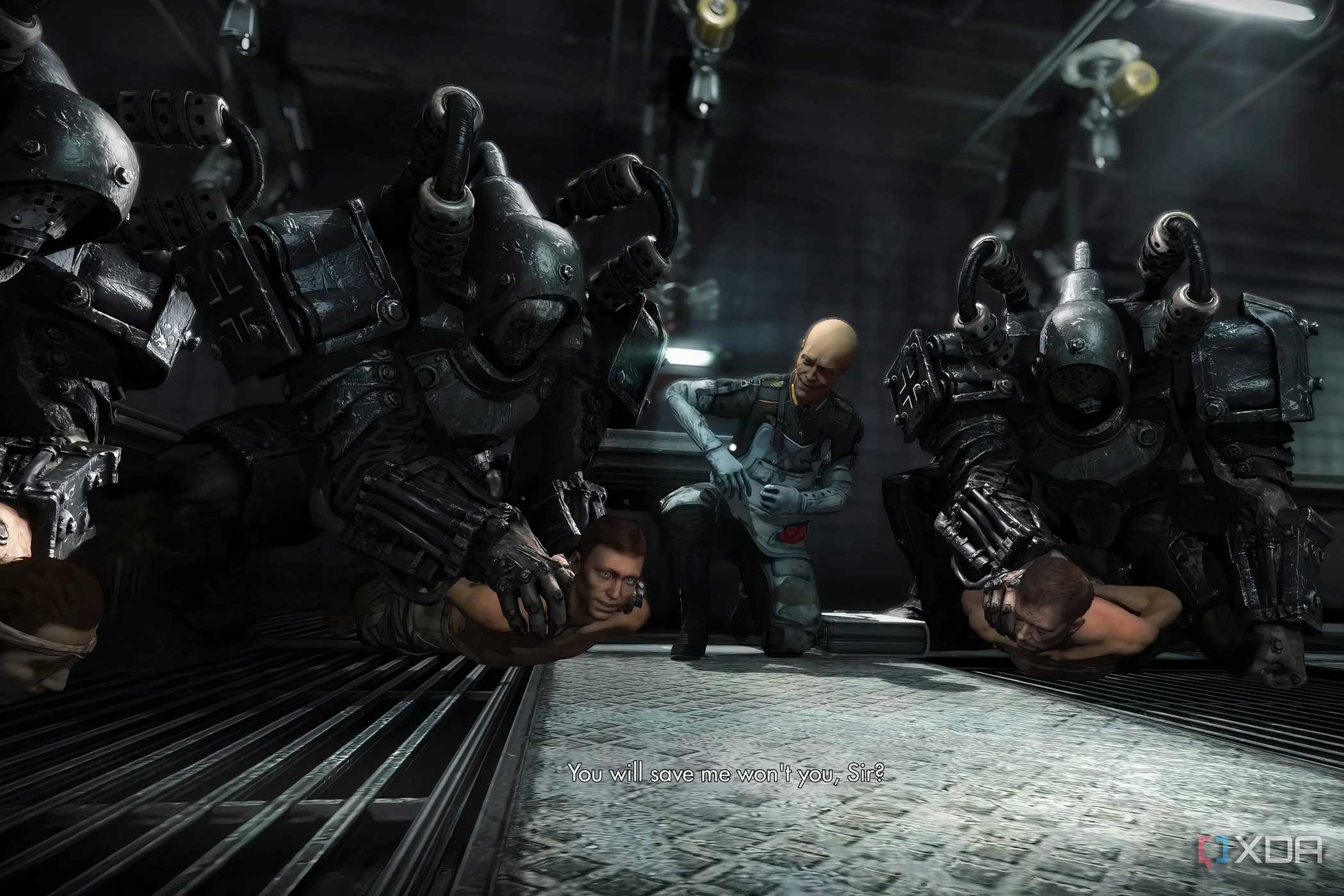 A screenshot from the game Wolfenstein: The New Order, showing the choice players are faced with early in the game.