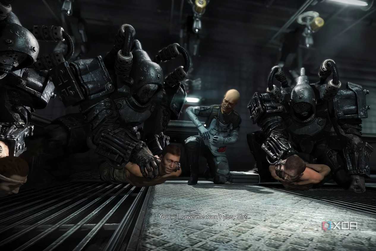 A screenshot from the game Wolfenstein: The New Order, showing the choice players are faced with early in the game.