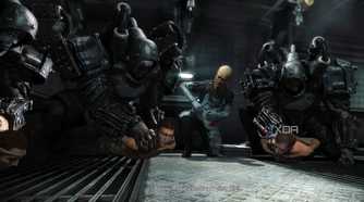 A screenshot from the game Wolfenstein: The New Order, showing the choice players are faced with early in the game.