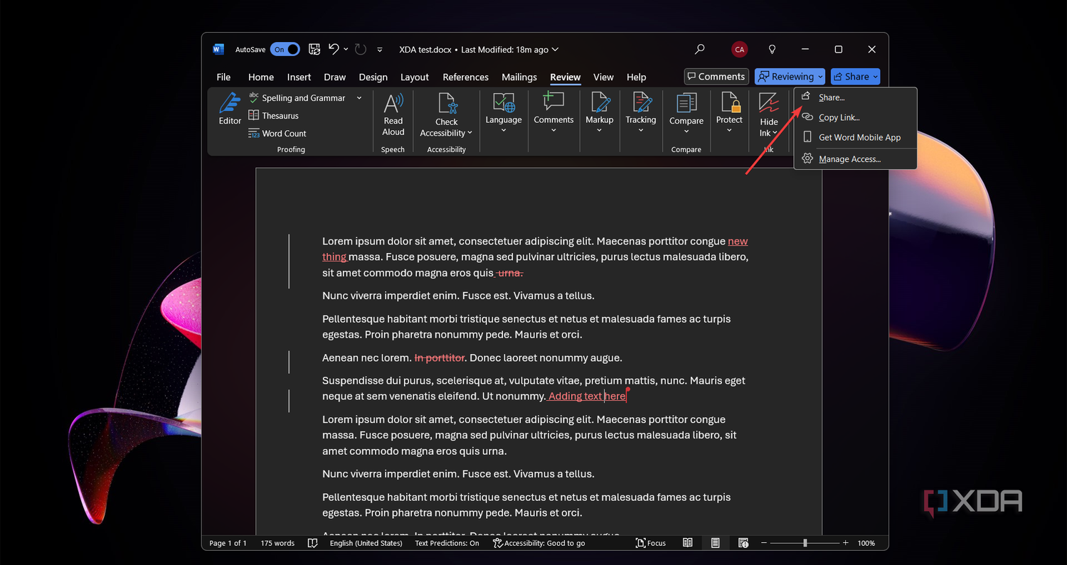Clicking the Share button in Microsoft Word