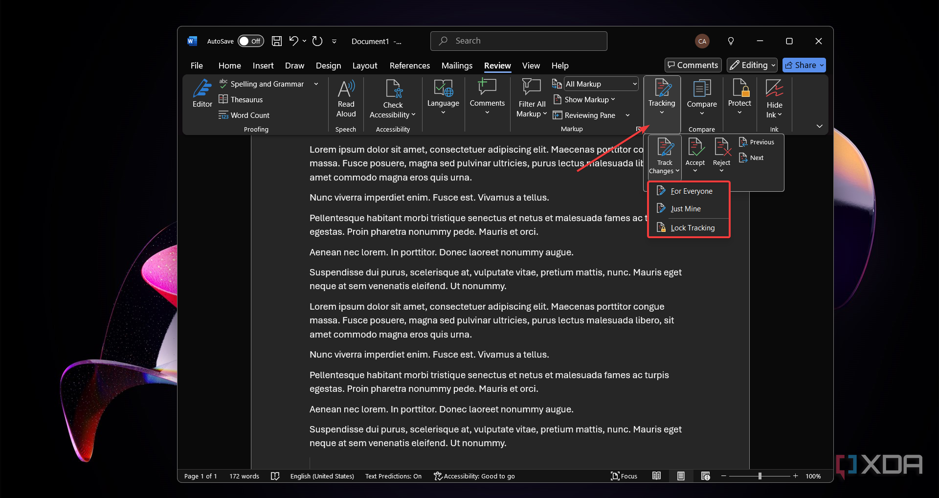 Instructions to enable Track Changes in Word