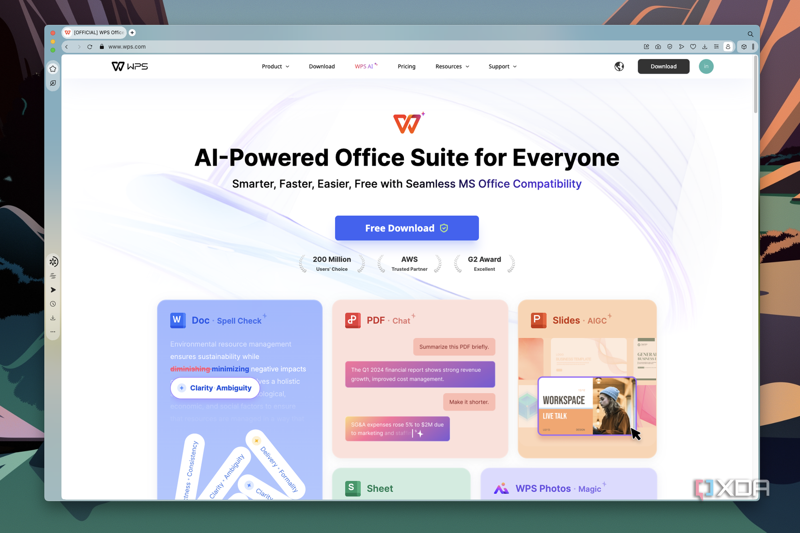 Screenshot of the WPS Office website showing the app is free to download