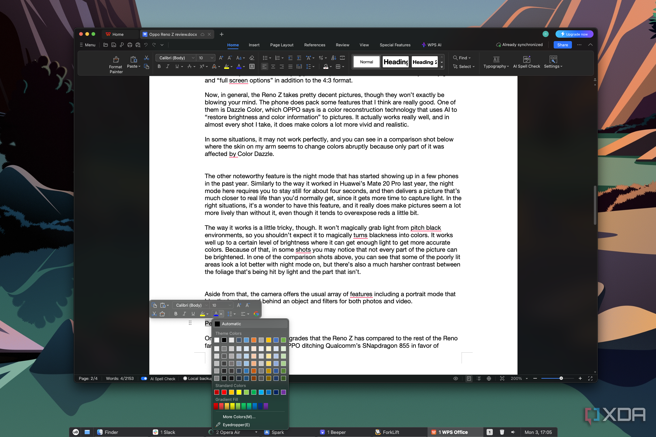 Screenshot of WPS Office on macOS showing a floating menu after selecting text in a document