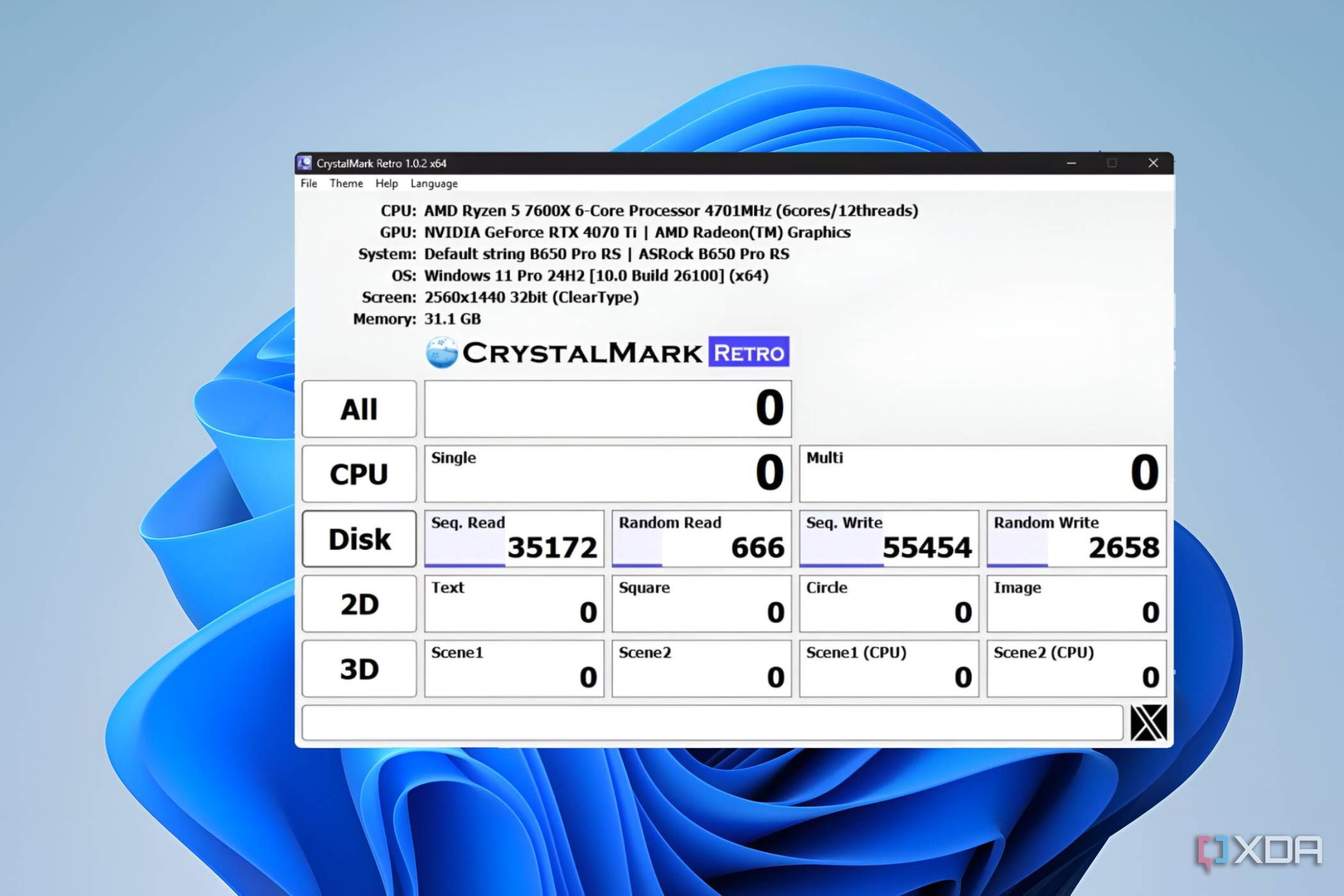 Crystal Disk Mark score for an XPG AData S70 Blade SSD with a 2TB storage capacity