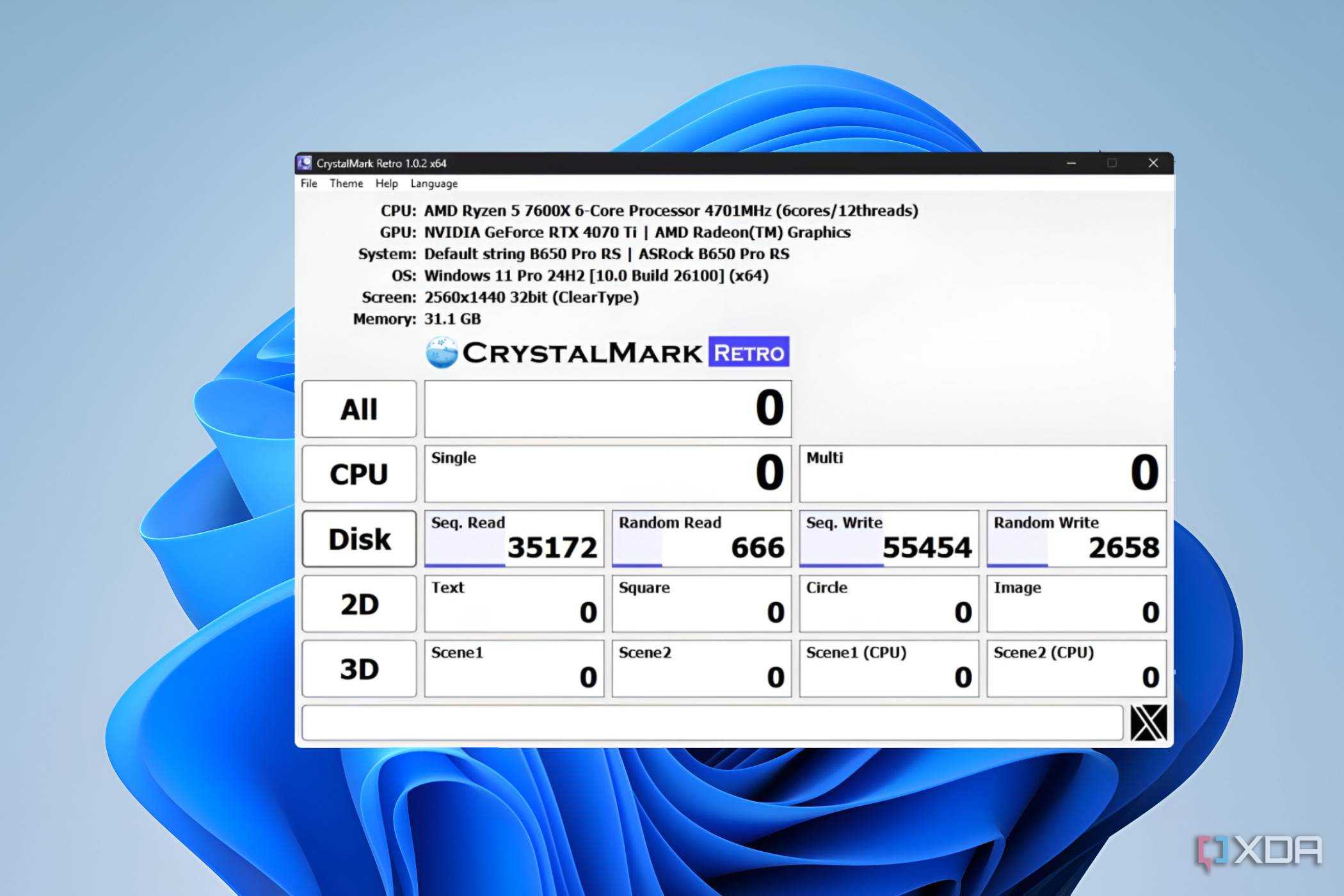 Crystal Disk Mark score for an XPG AData S70 Blade SSD with a 2TB storage capacity