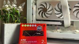 An image of a red box holding a 2TB SSD from XPG, resting against a faux flower pot and an unlit PC case