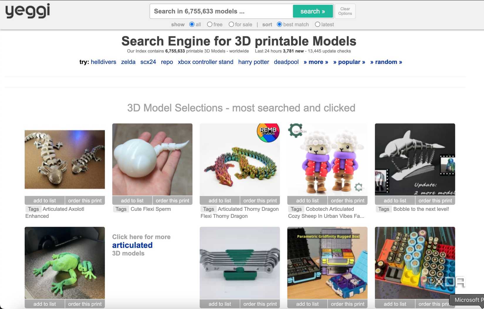 Yeggi is a one-stop-shop for all the 3D printing models available online