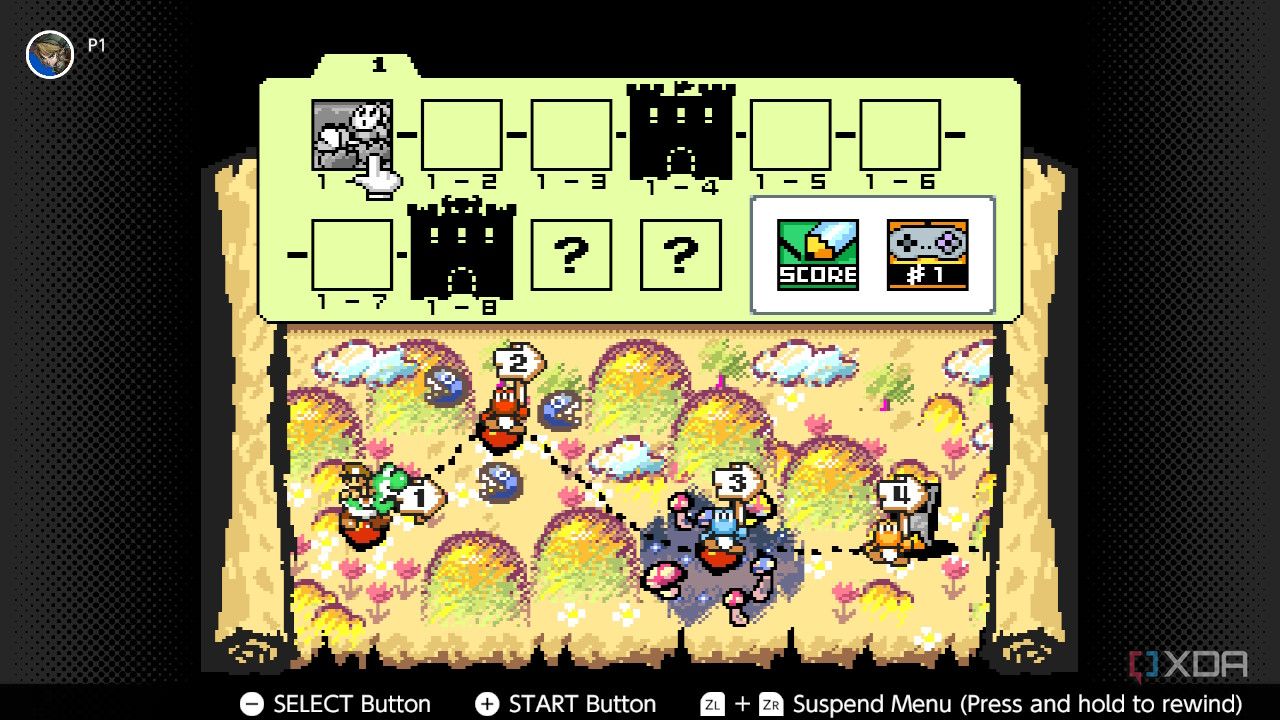 Yoshi's Island map screen with characters and levels