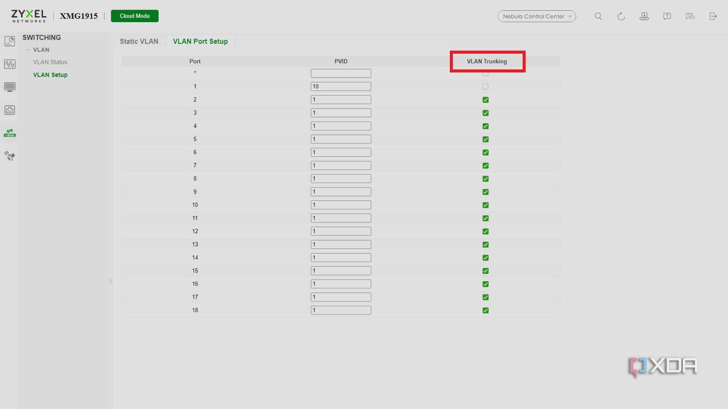 screenshot of zyxel managed switch admin page with vlan trunking highlighted
