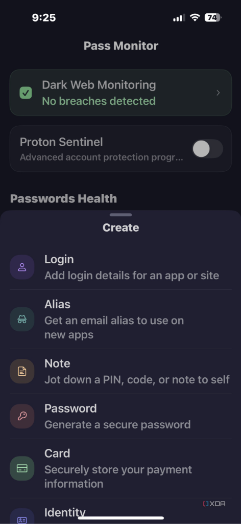 Shows menu to create email alias Proton Pass on iPhone