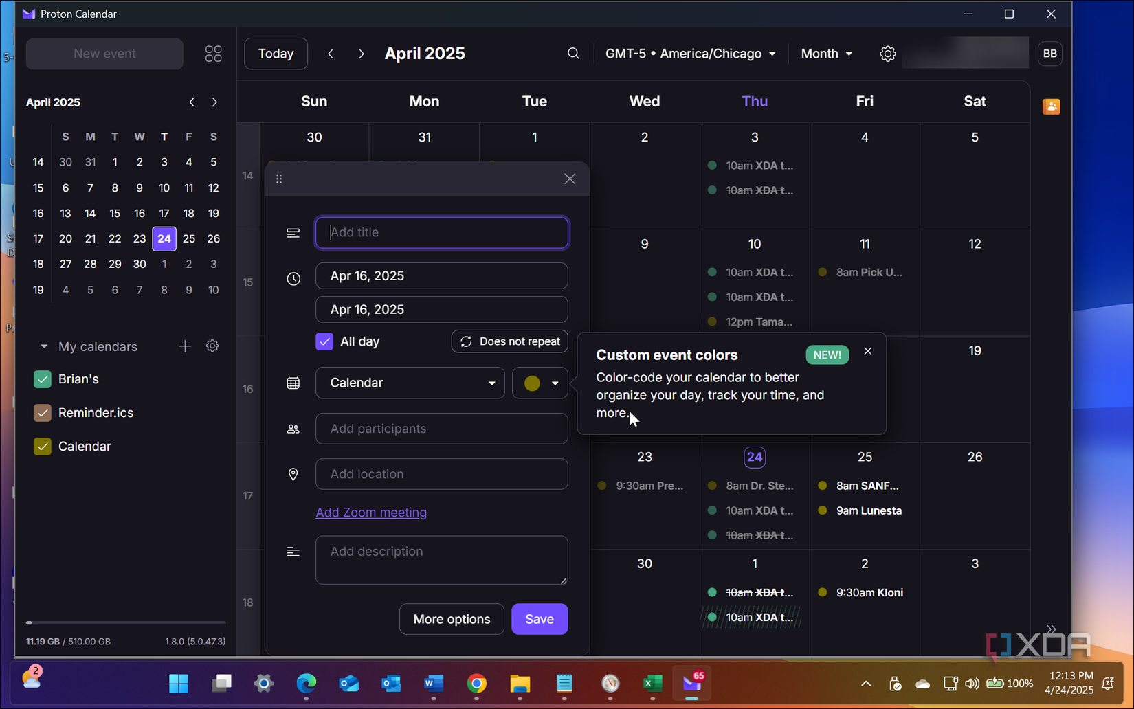 Shows Proton Calendar app running on Windows