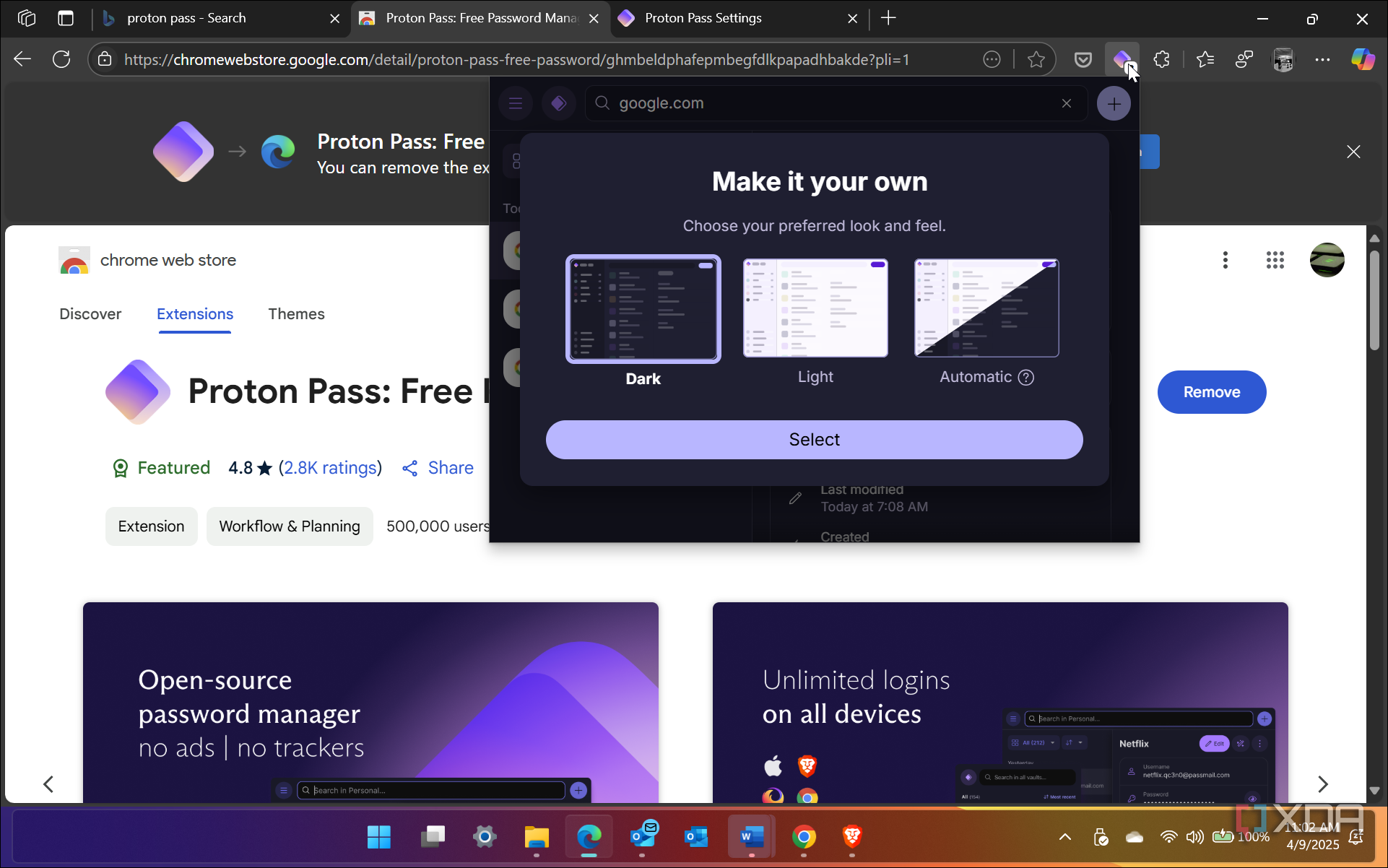 Shows Proton Pass extension running Edge