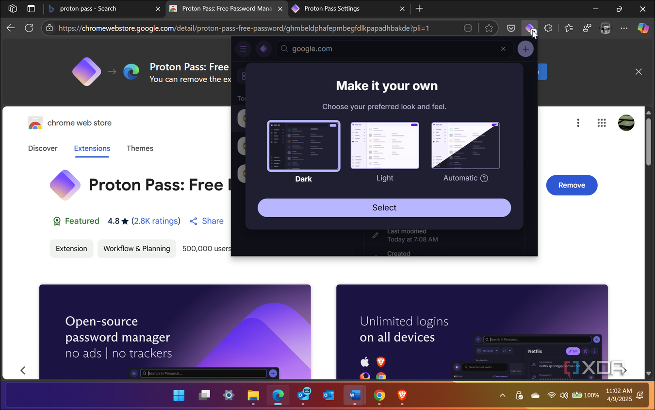 Shows Proton Pass extension running Edge