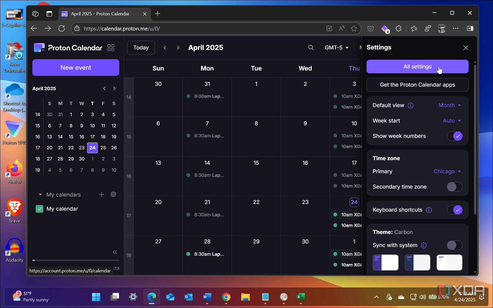 Shows All Settings in Proton Calendar