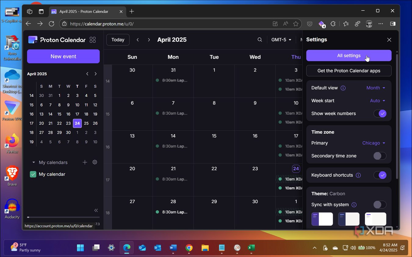 Shows All Settings in Proton Calendar