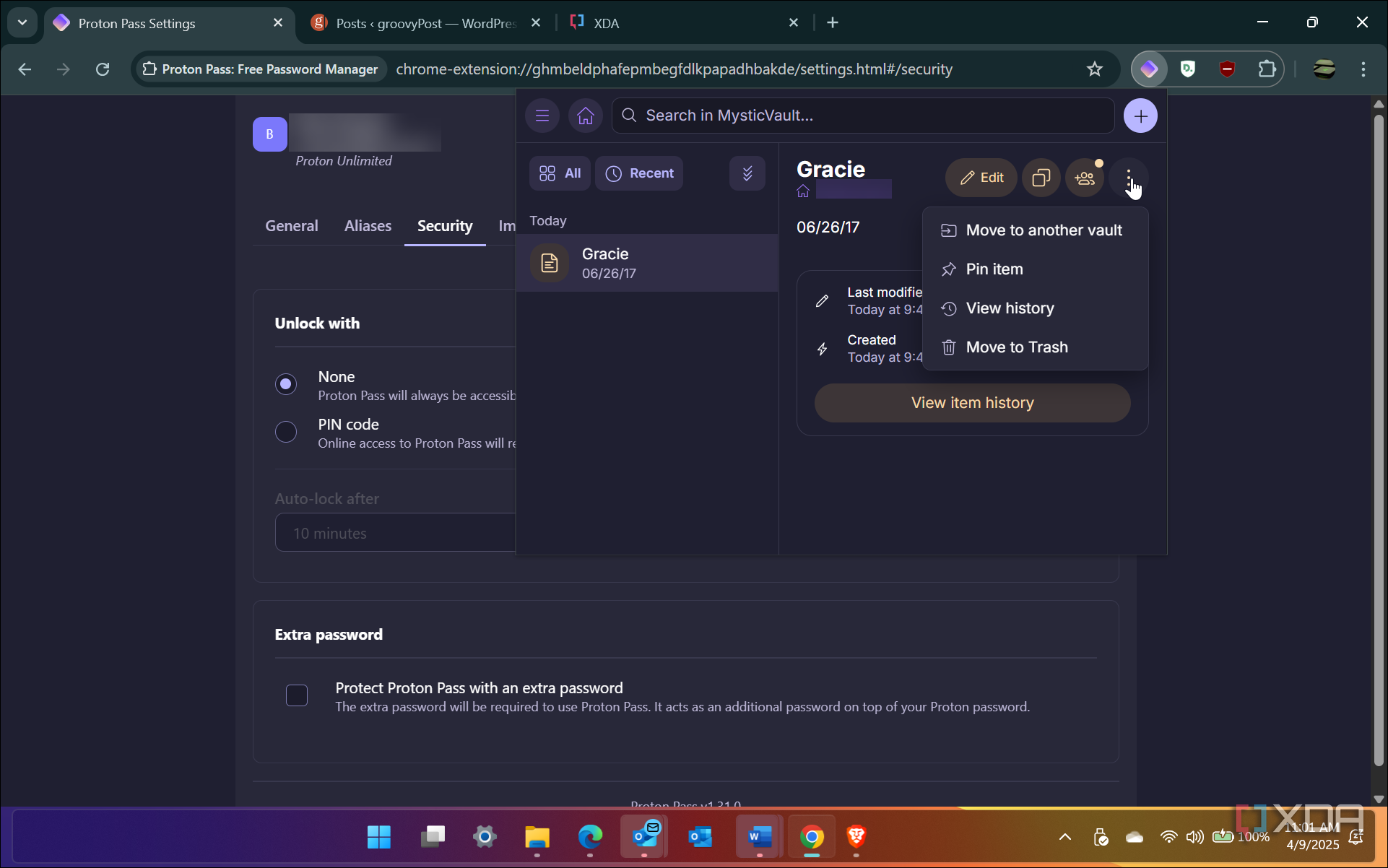 Shows Proton Pass extension accessing Notes