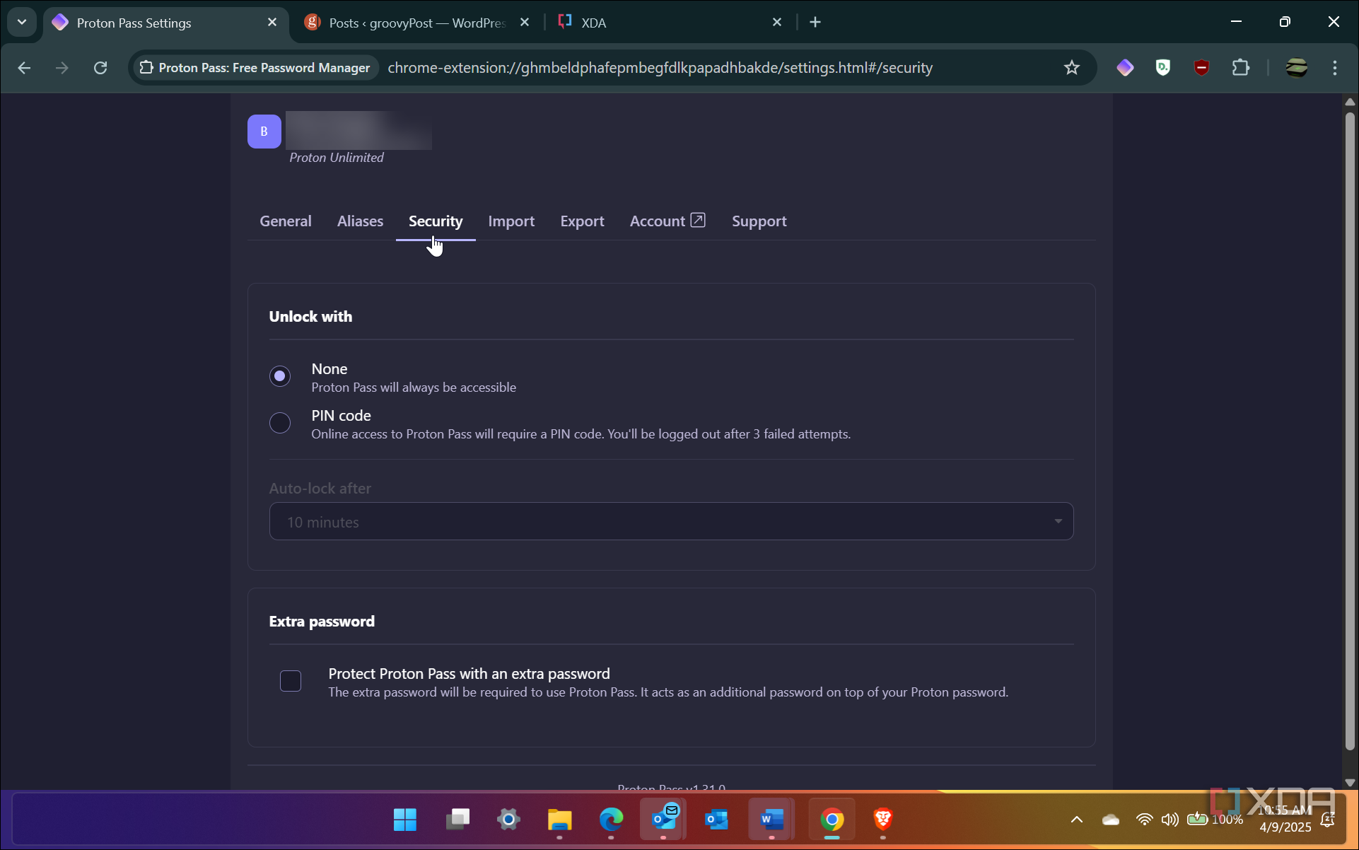 Shows Proton Pass security settings