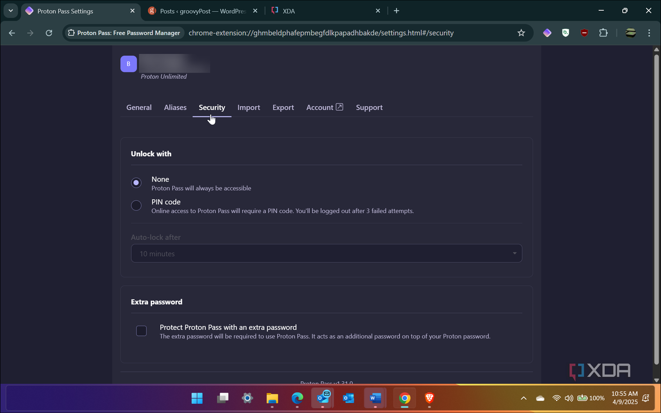 Shows Proton Pass security settings