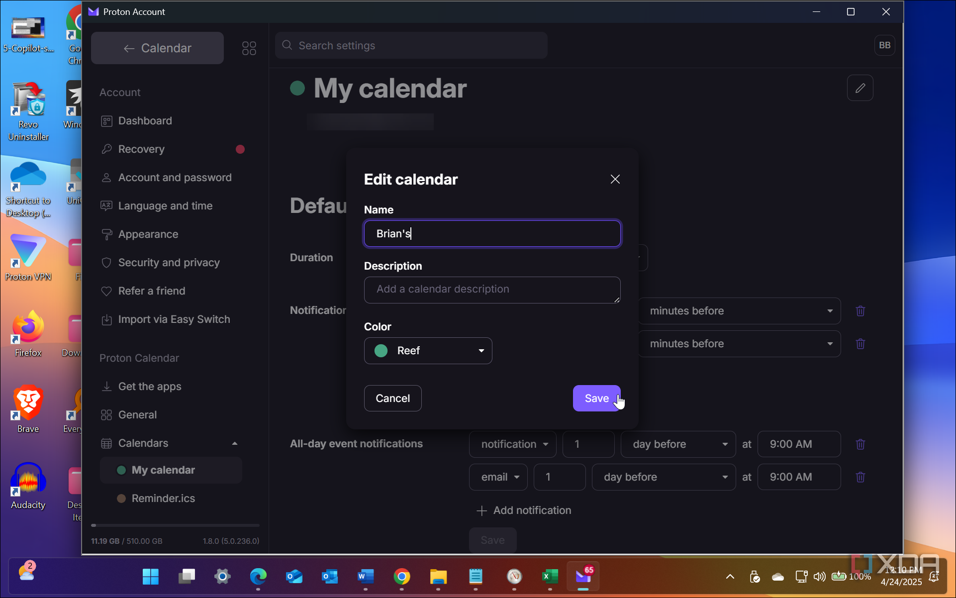 Shows editing calendar in proton