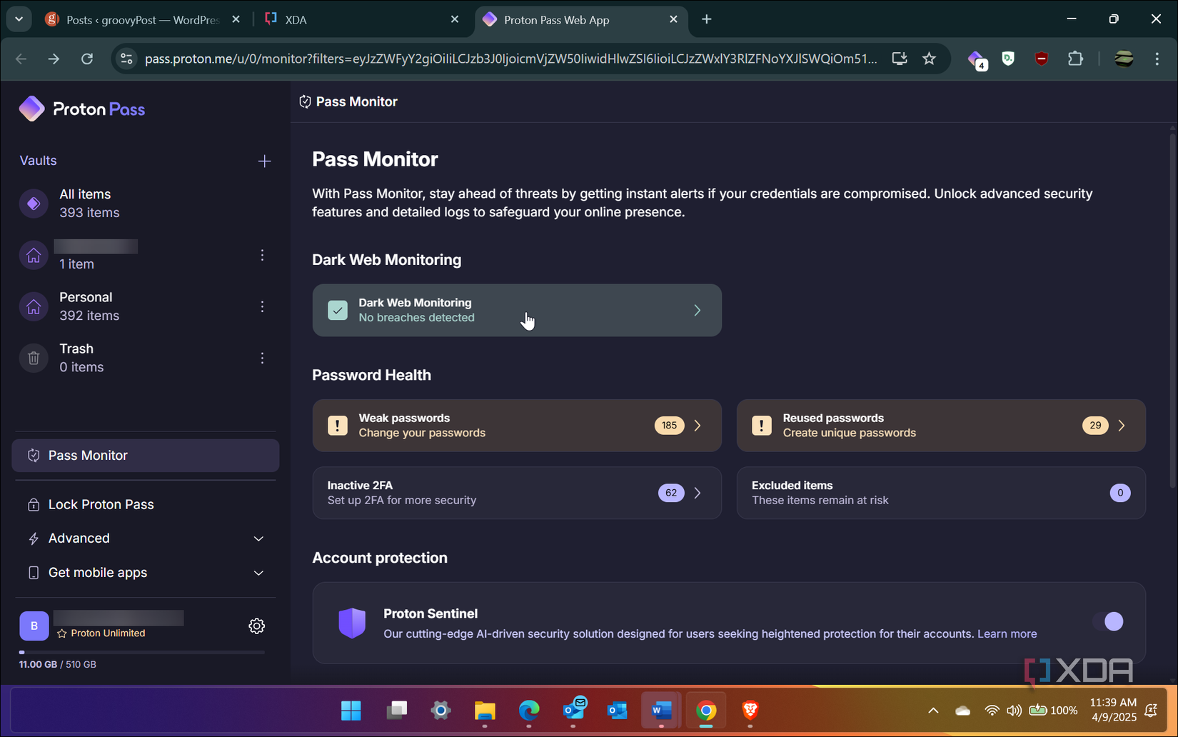 Shows Proton Pass security monitoring