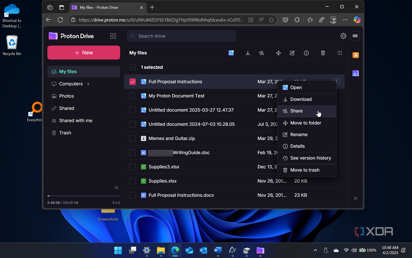 shows sharing files directly from Proton Drive