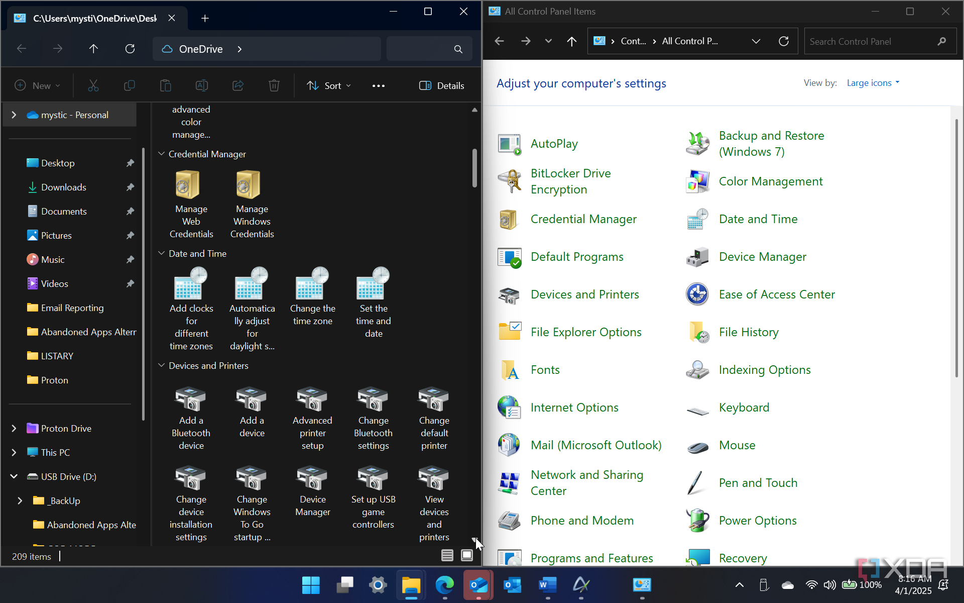 Shows the Control Panel and God Mode on Windows 11
