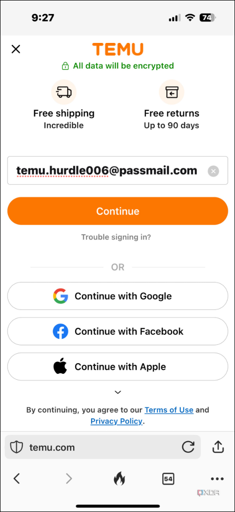 Shows entering created email alias in website field