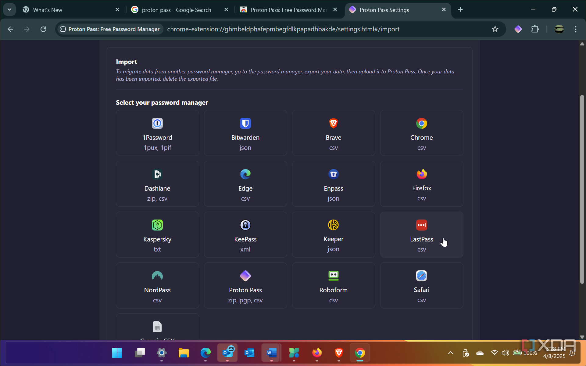 Shows importing password options from several major managers