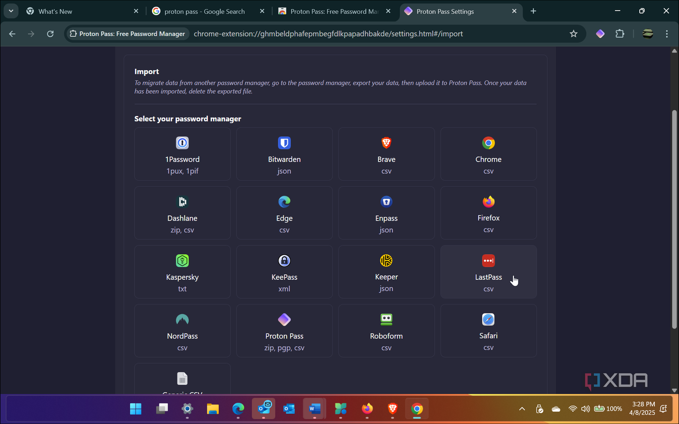 Shows importing password options from several major managers