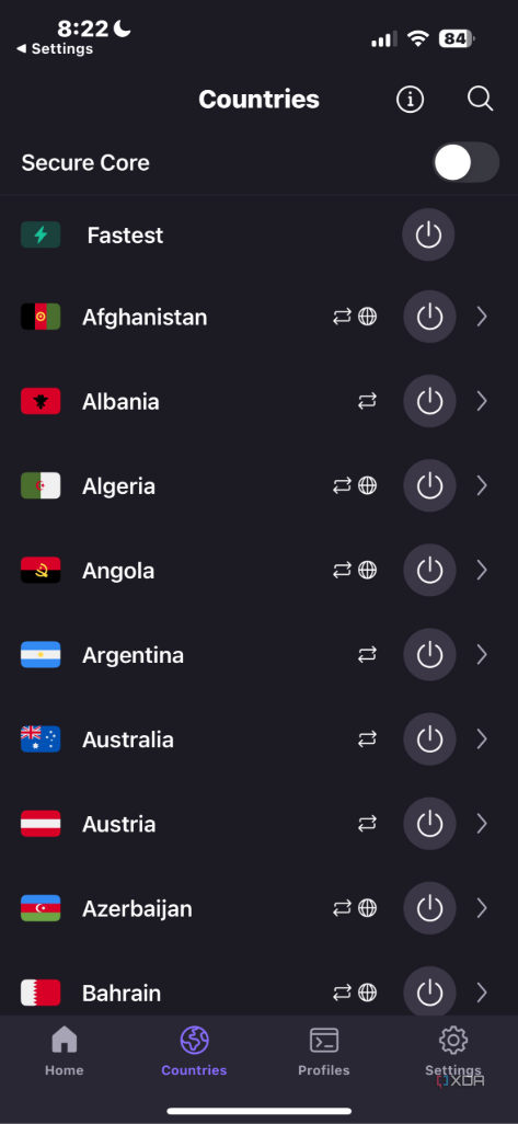 Shows country list of servers to connect to on Proton VPN mobile app