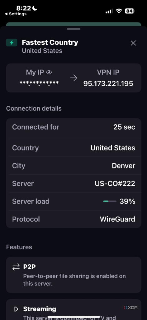 Shows proton VPN connection statistics