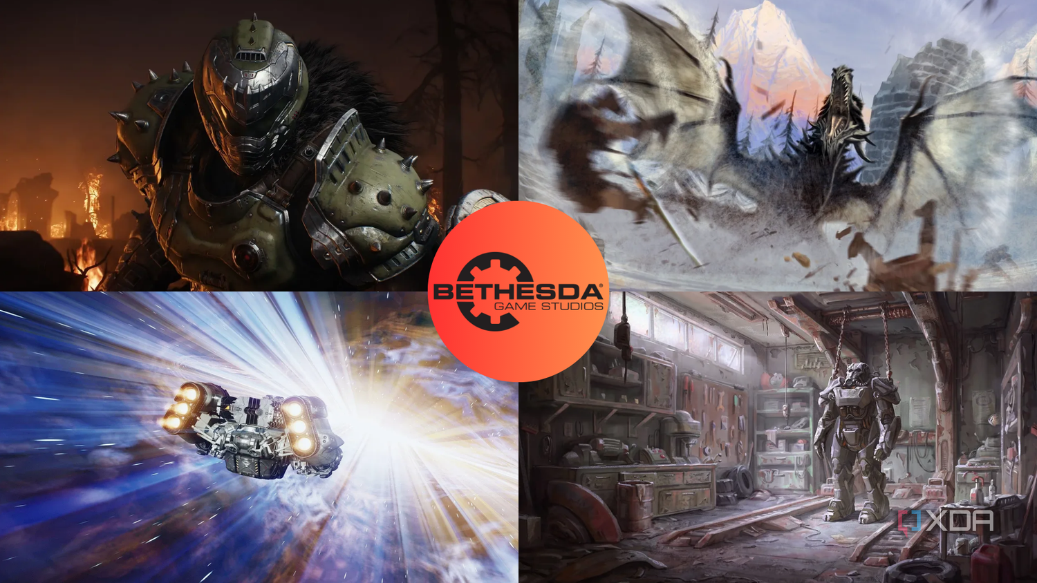 The Bethesda with a collage of games made by them