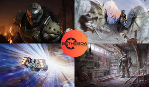 The Bethesda with a collage of games made by them
