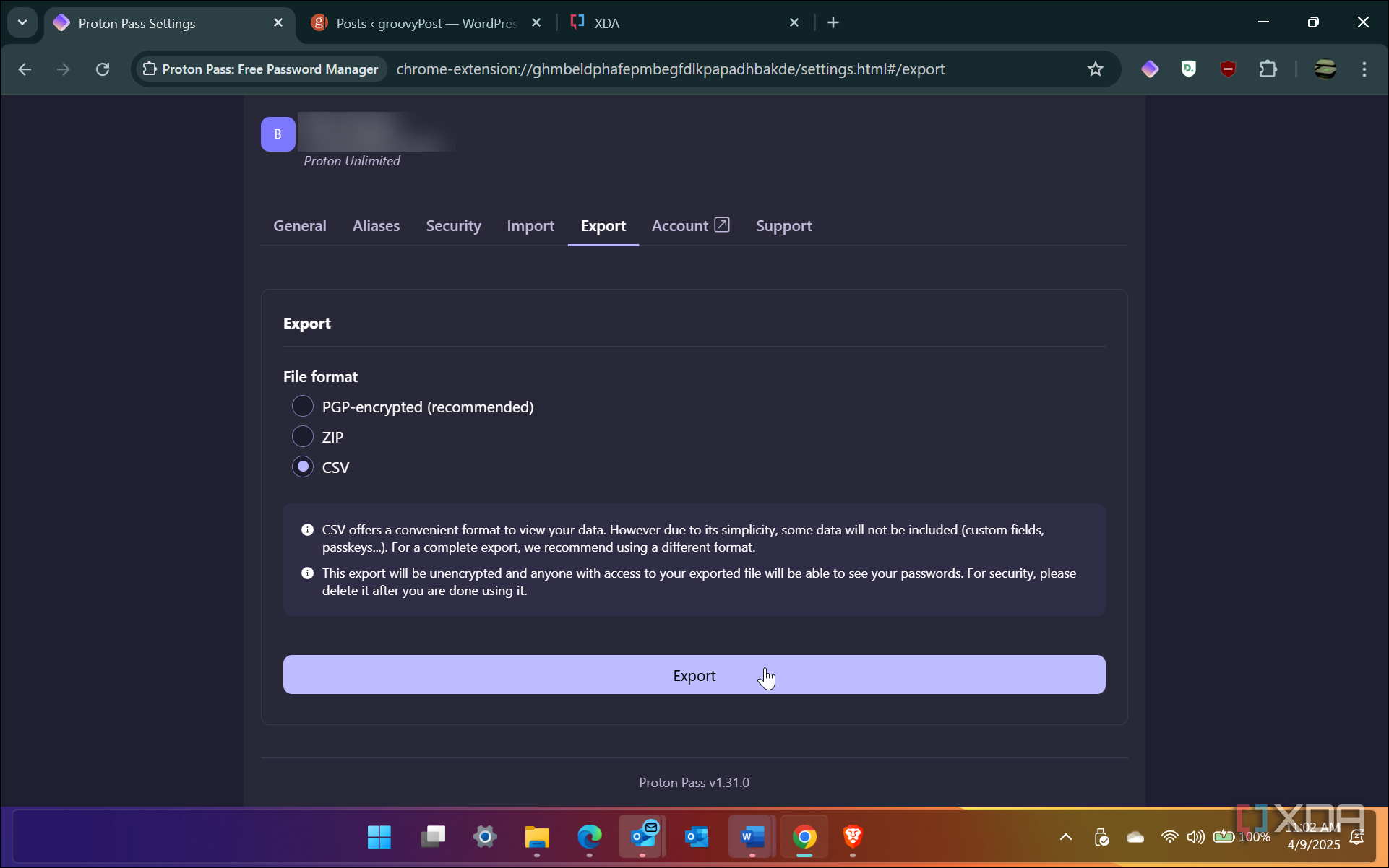 Shows Proton Pass exporting passwords