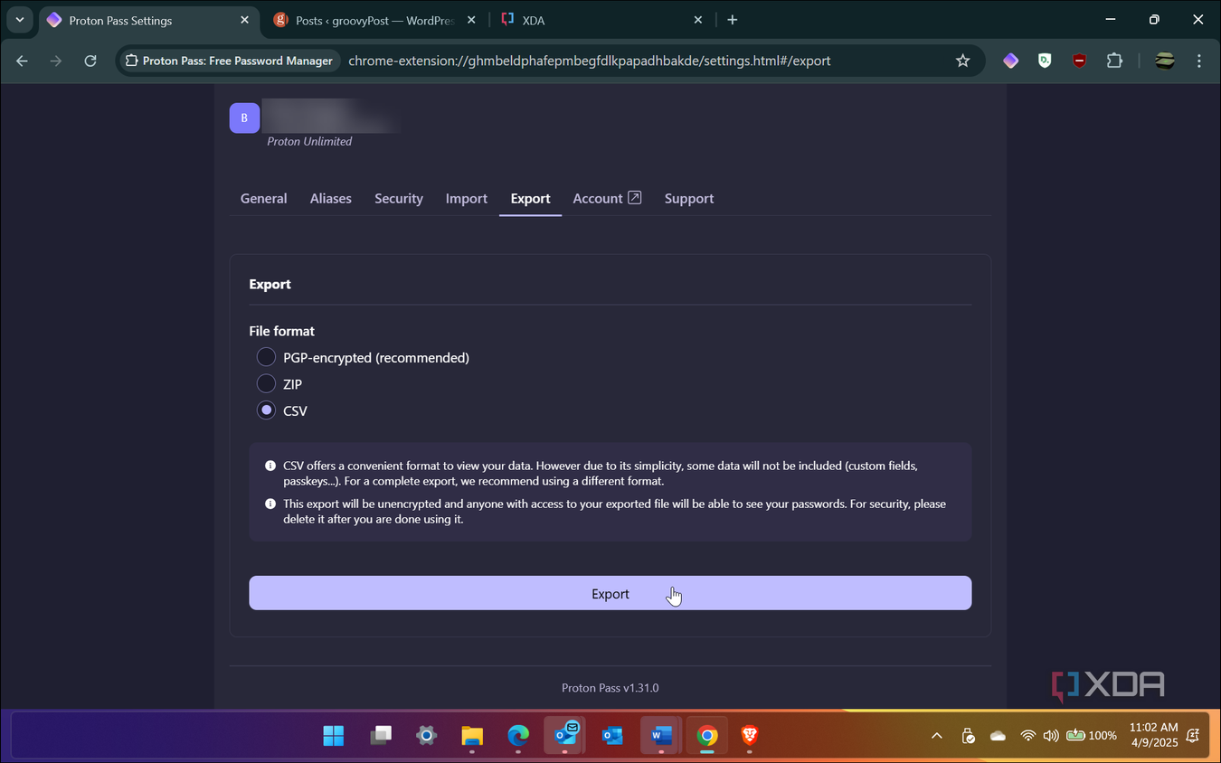 Shows Proton Pass exporting passwords
