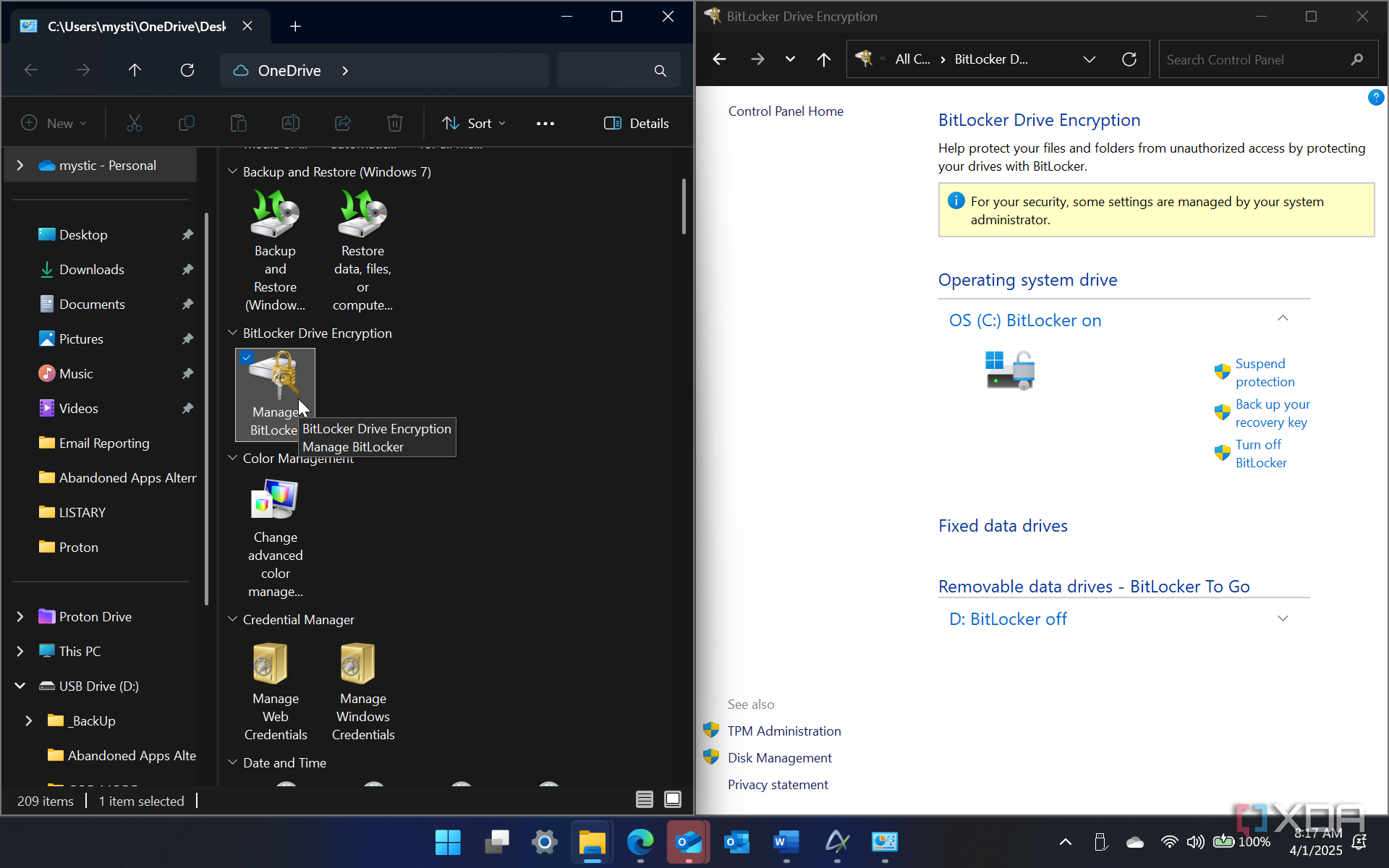 Screenshot shows opening BitLocker from God Mode