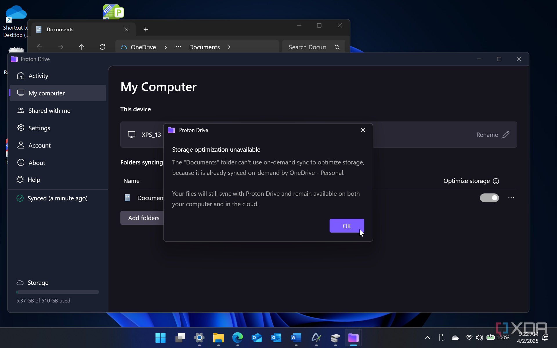 Shows Proton Drive notification about OneDrive folders
