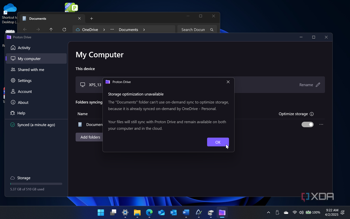 Shows Proton Drive notification about OneDrive folders