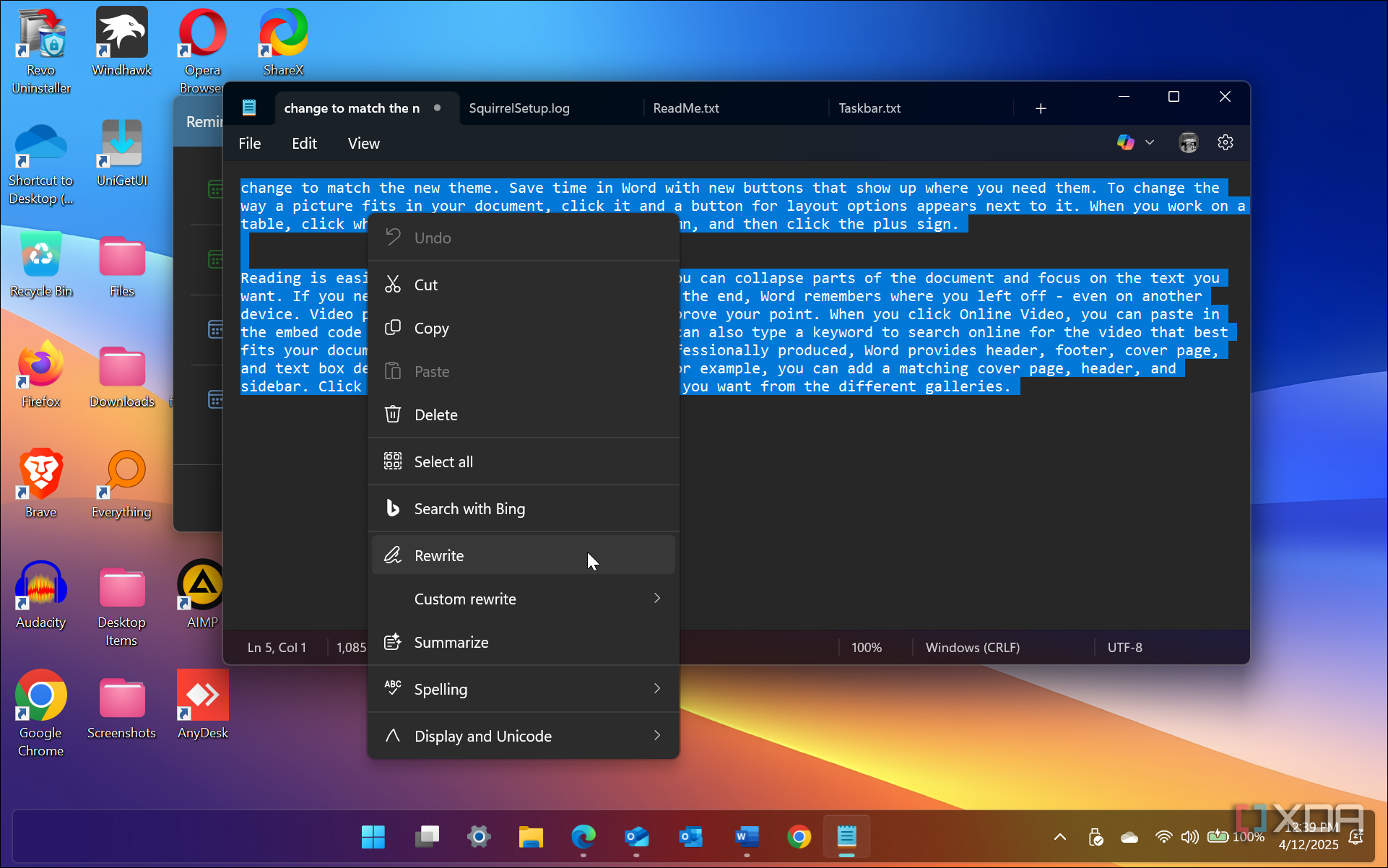Shows rewrite with Copilot from context menu in Notepad