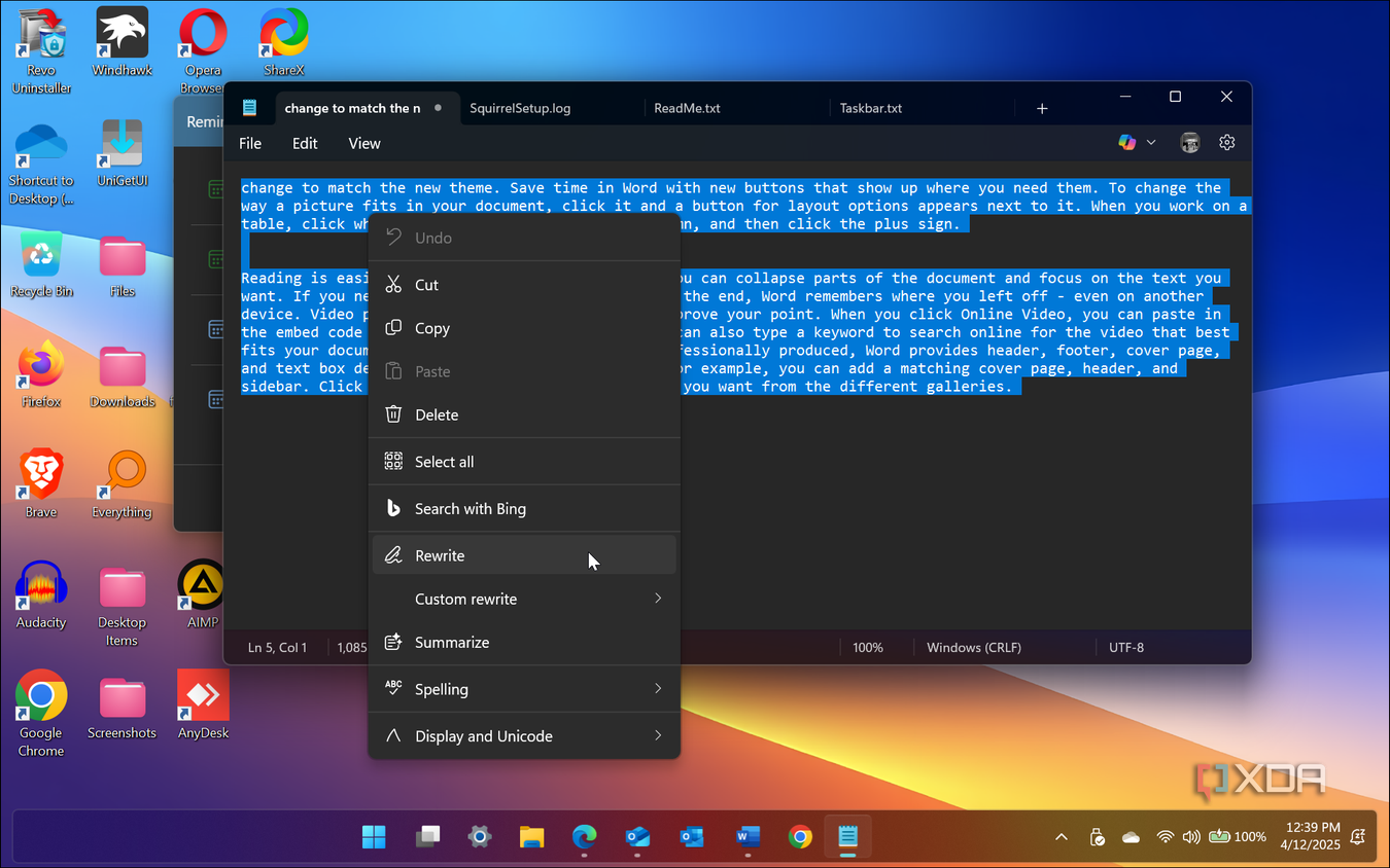 Shows rewrite with Copilot from context menu in Notepad