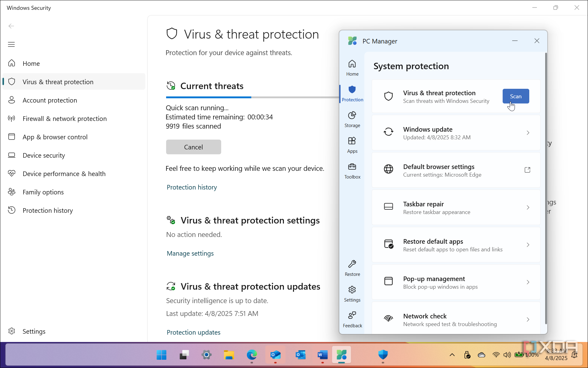 Shows scanning for viruses via Windows Security and PC Manager apps