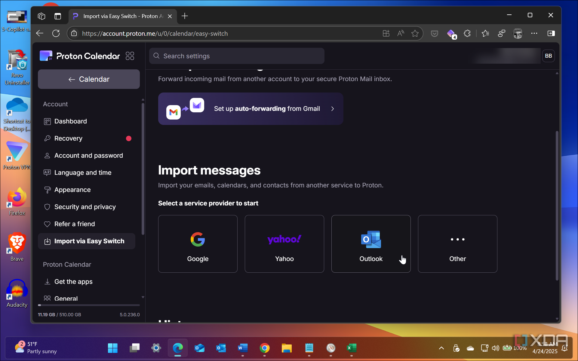 Shows selecting Outlook calendar to import into proton