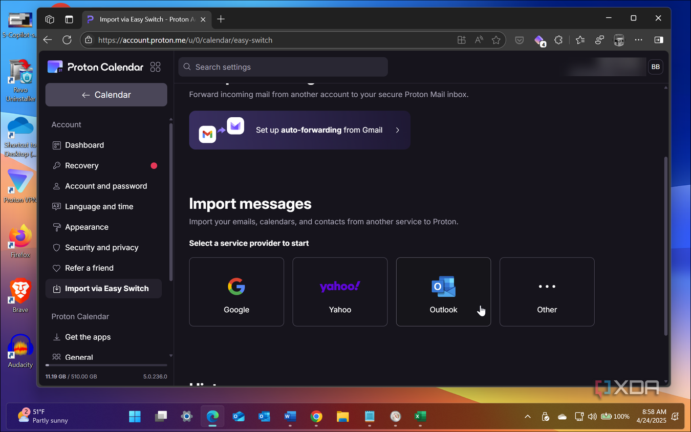 Shows selecting Outlook calendar to import into proton