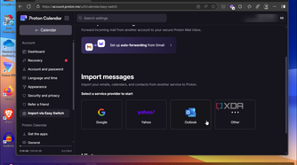 Shows selecting Outlook calendar to import into proton