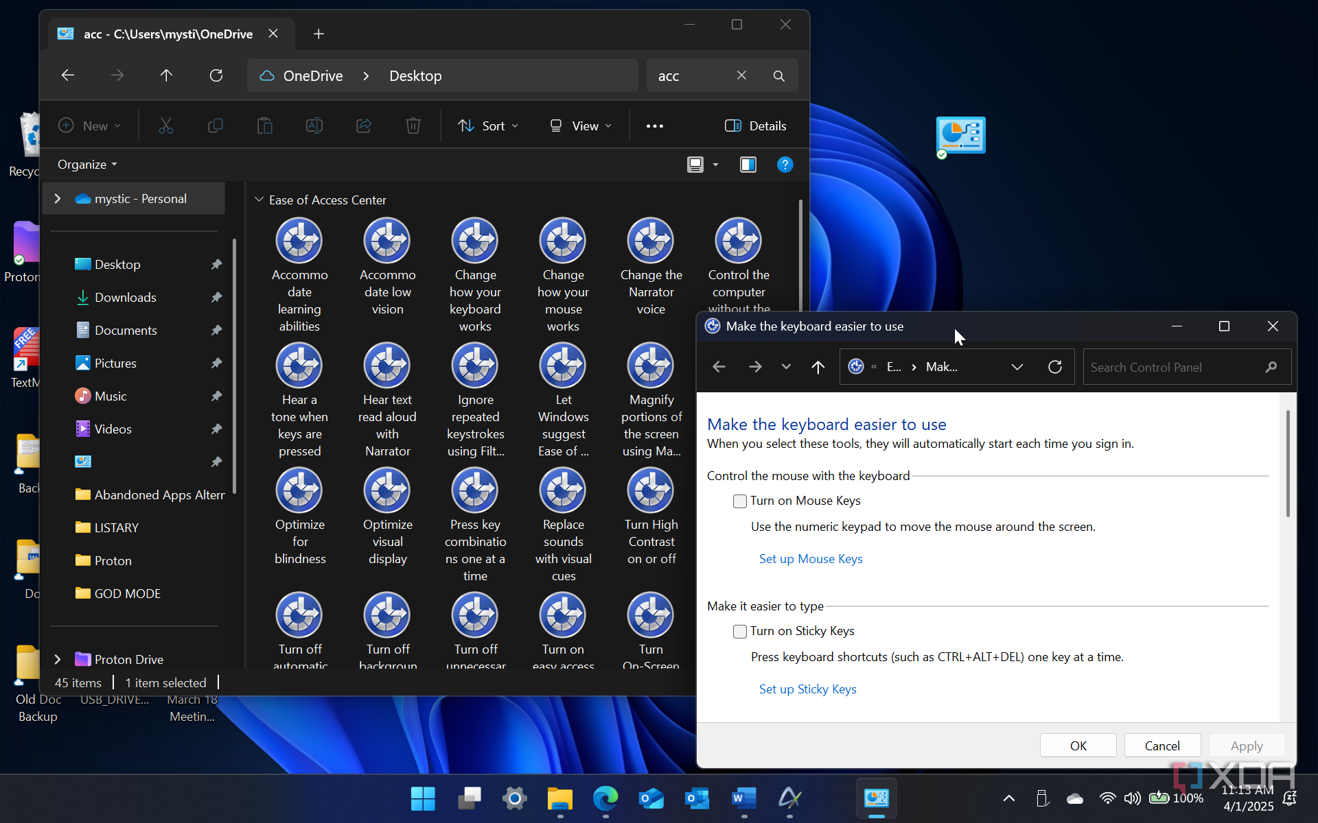Accessibility settings in God Mode for mouse