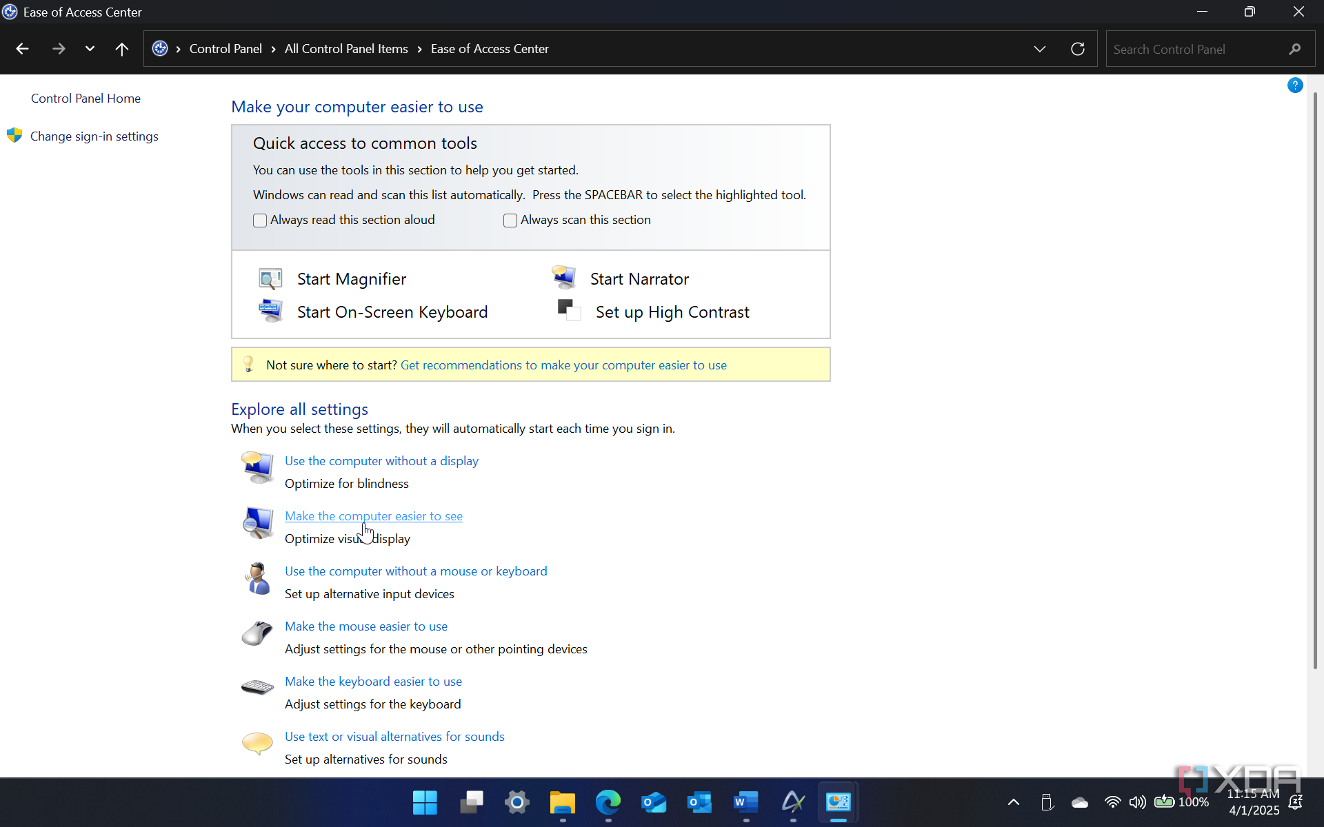 Ease of access center on Windows 11