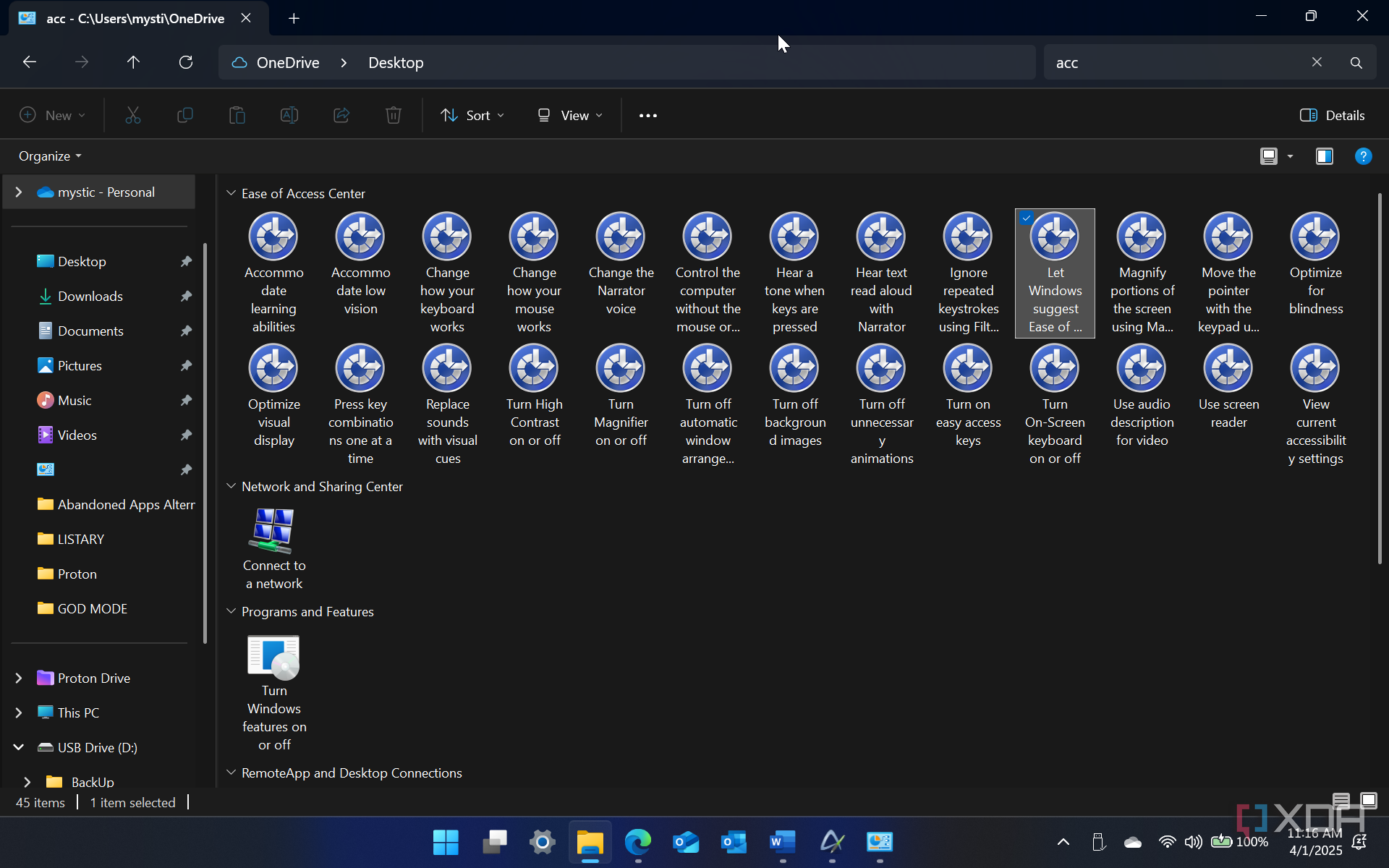 Shows all accessibility features in God Mode