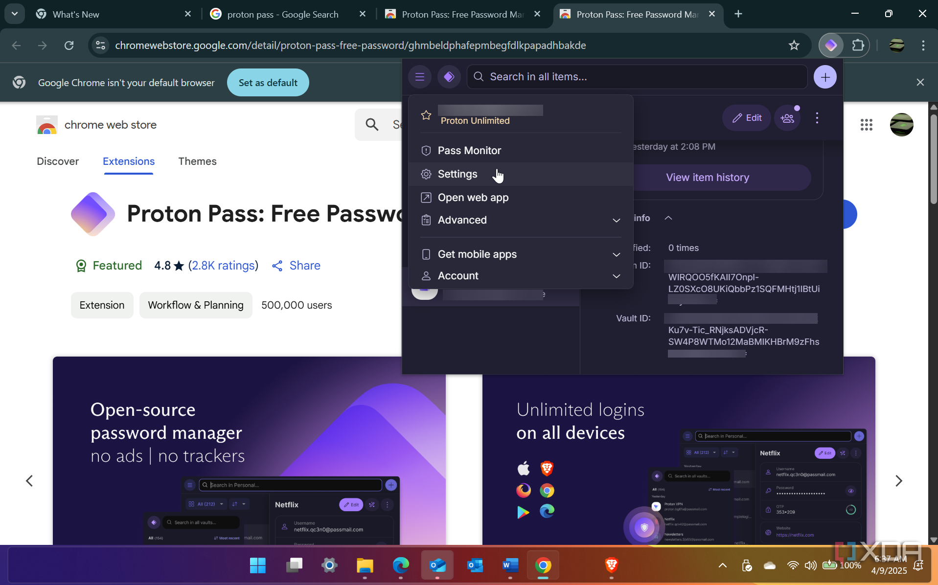 Shows Proton Pass browser extension settings
